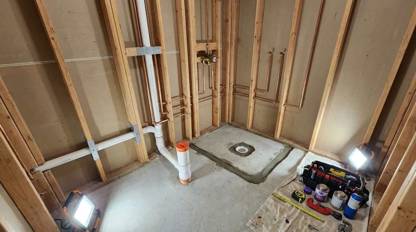 Bathroom rough-in plumbing during remodel by Johns Plumbing LLC in Graton