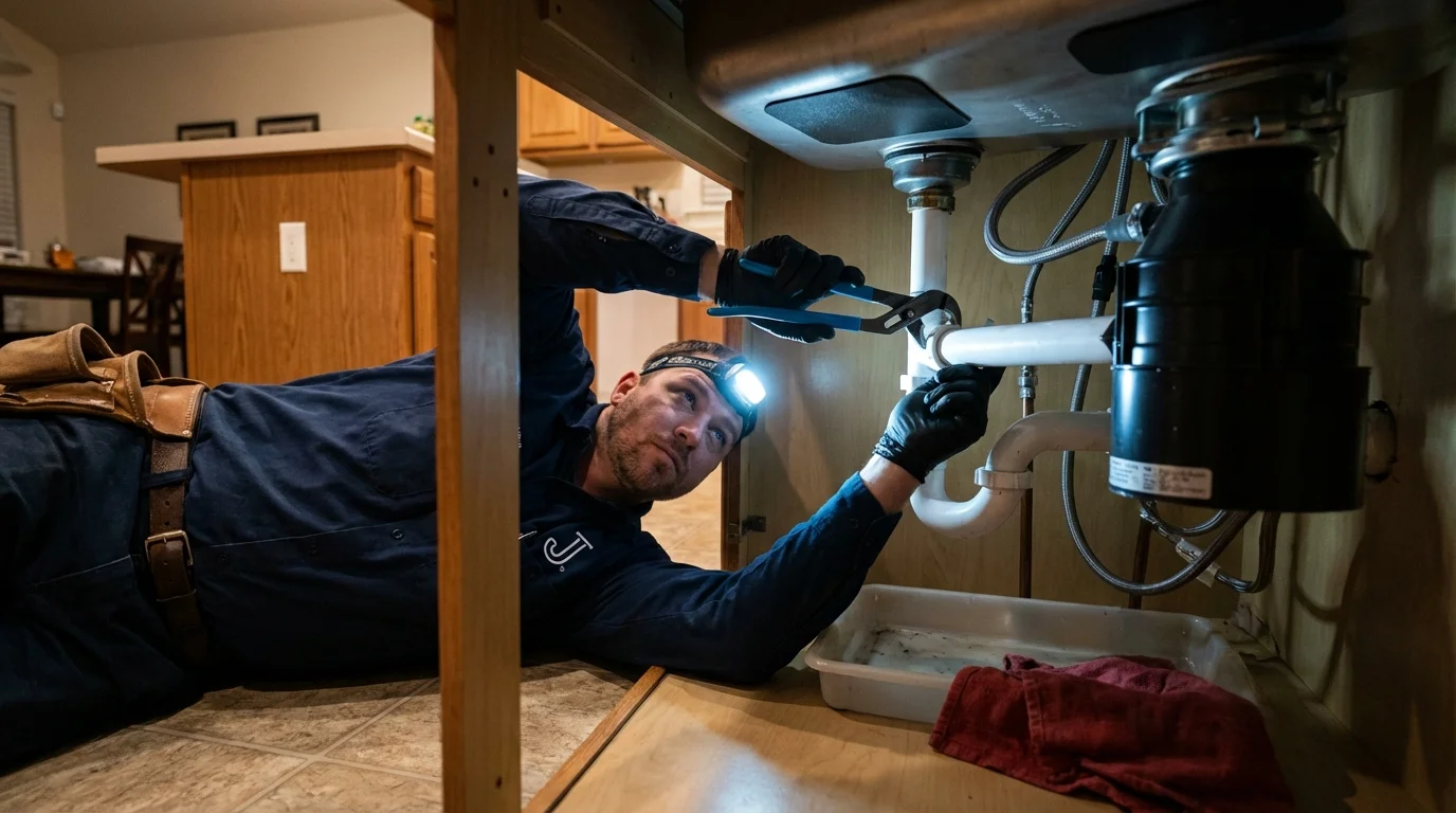 P-trap and supply line connections under a kitchen sink showing a common leak point in Graton, CA